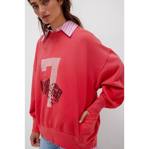 Free People We The Free Dicey Sweatshirt Top Graphic Printed Pullover XS 280795 - Picture 3 of 8